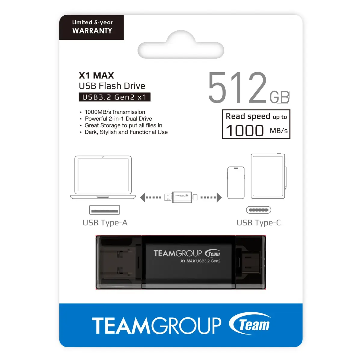 TEAMGROUP X1 MAX 512GB USB 3.2 Gen 2 Flash Drive | 1000MB/s Read Speed, Dual Type-A & Type-C - view 8