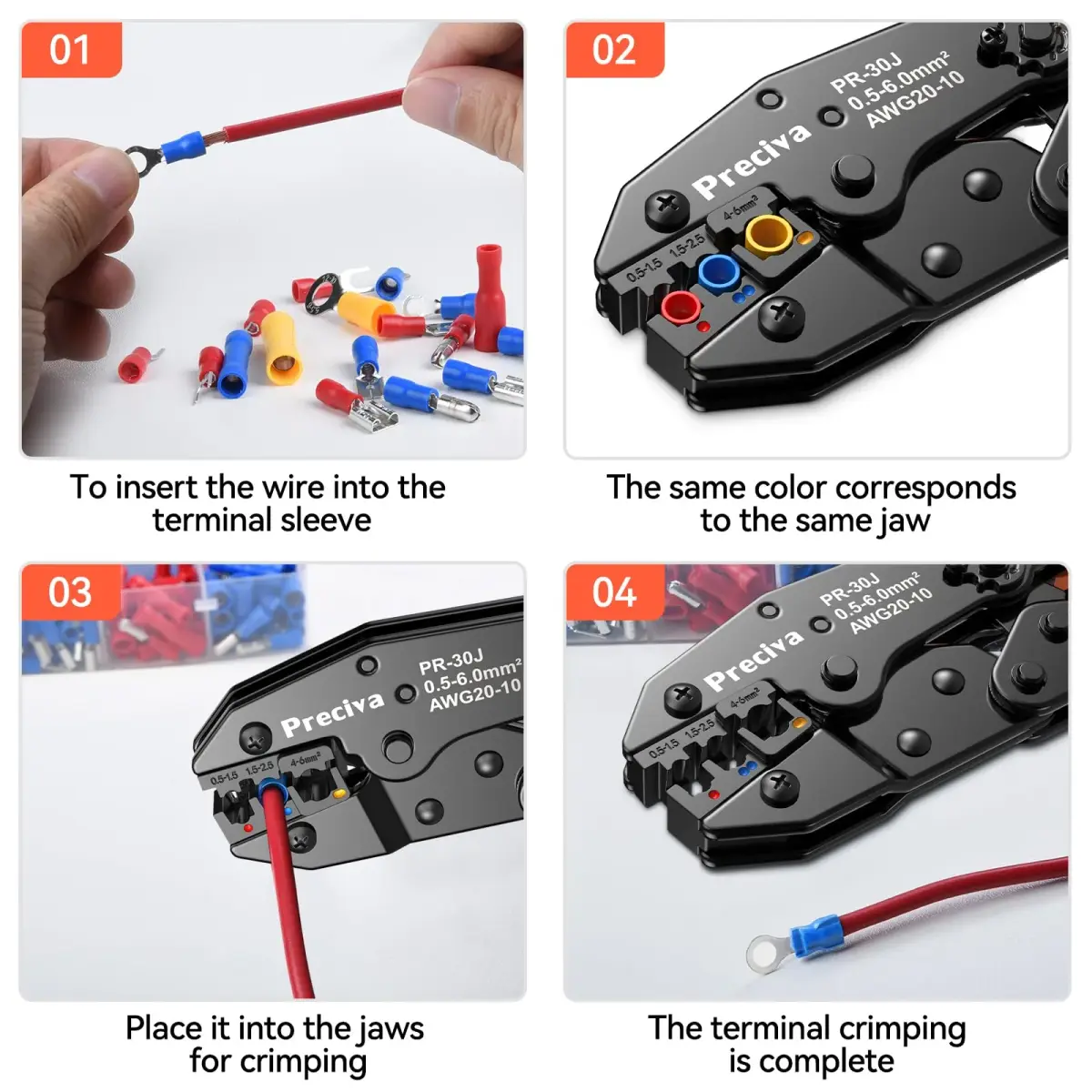 Preciva Ratcheting Wire Terminal Crimper Kit AWG20-10 (0.5-6mm²) with 400 Insulated Connectors | Professional Electrical Tool - view 5