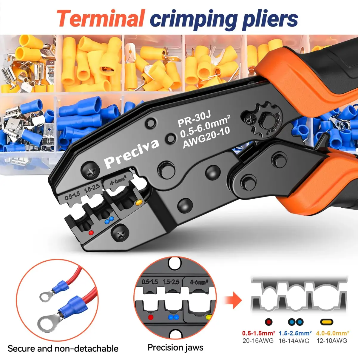 Preciva Ratcheting Wire Terminal Crimper Kit AWG20-10 (0.5-6mm²) with 400 Insulated Connectors | Professional Electrical Tool - view 2