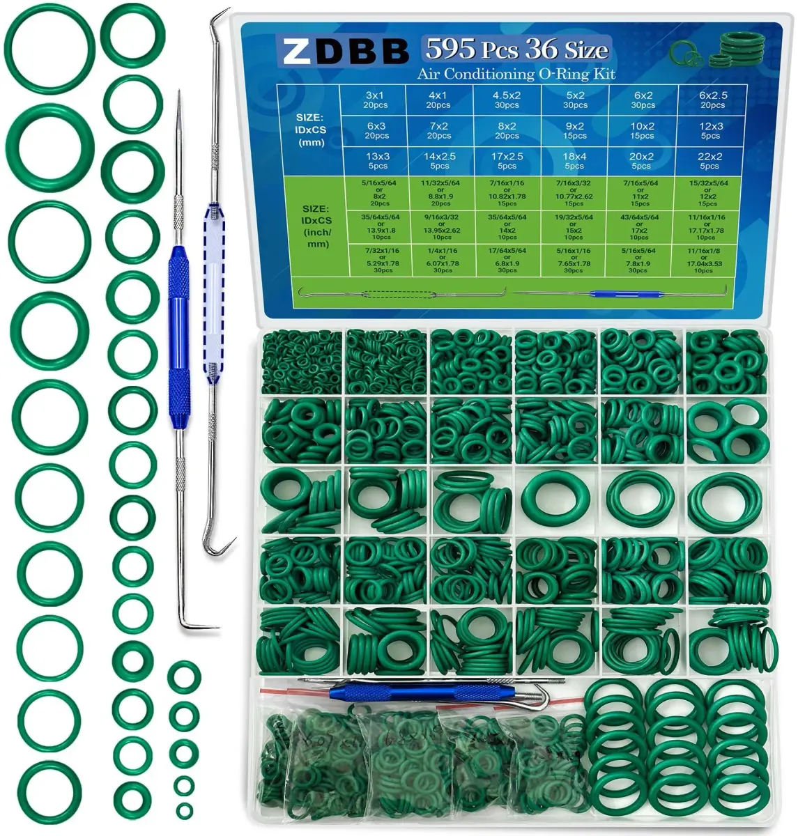 ZDBB 595 Pcs Green Automotive AC O-Ring Kit | Nitrile Rubber (NBR 70) for Car AC, Faucets & Plumbing - main product image