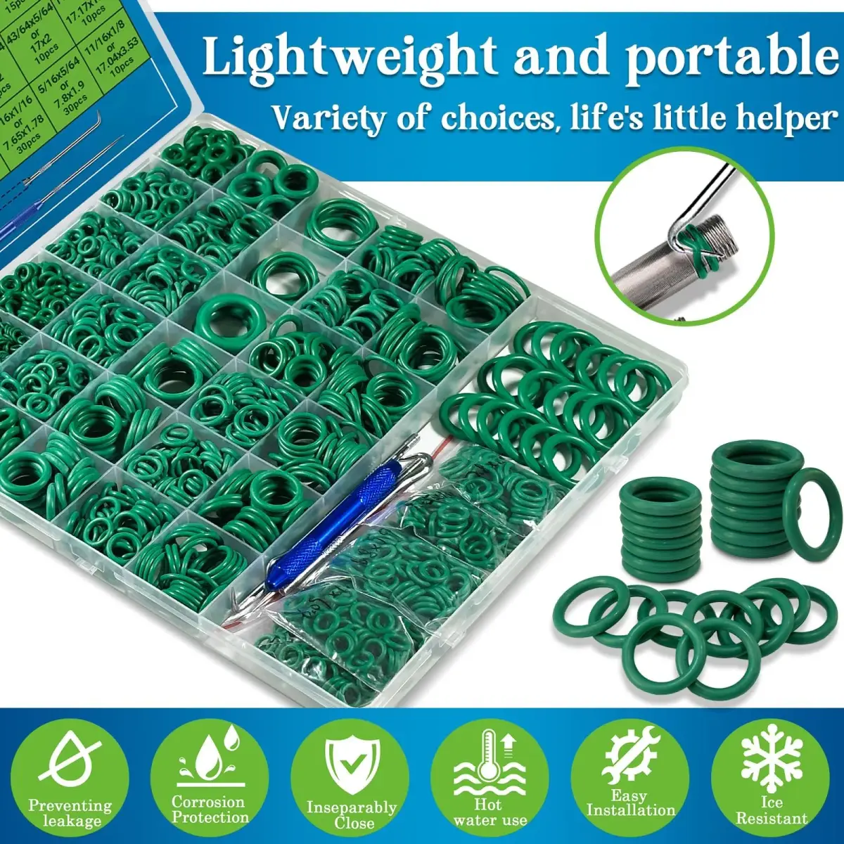 ZDBB 595 Pcs Green Automotive AC O-Ring Kit | Nitrile Rubber (NBR 70) for Car AC, Faucets & Plumbing - view 3