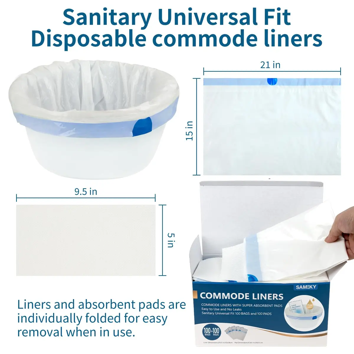 Sameky Commode Liners with Absorbent Pads 100 Bags + 100 Pads | 35 oz Capacity - view 3