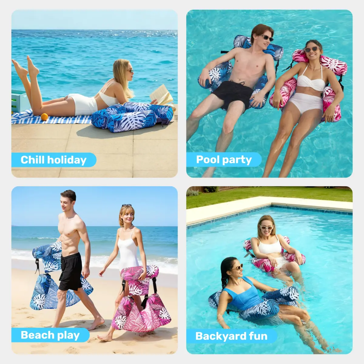 Sloosh Inflatable Pool Floats Adult 2-Pack | Tropical Leaves Pink Blue | 76cm x 41cm x 61cm (30"x16"x24") - view 8