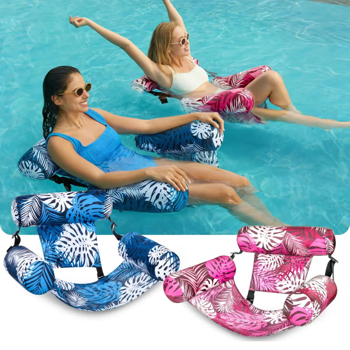 Sloosh Inflatable Pool Floats Adult 2-Pack | Tropical Leaves Pink Blue | 76cm x 41cm x 61cm (30"x16"x24") - view 2