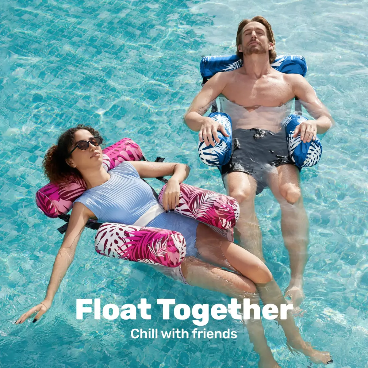 Sloosh Inflatable Pool Floats Adult 2-Pack | Tropical Leaves Pink Blue | 76cm x 41cm x 61cm (30"x16"x24") - view 3