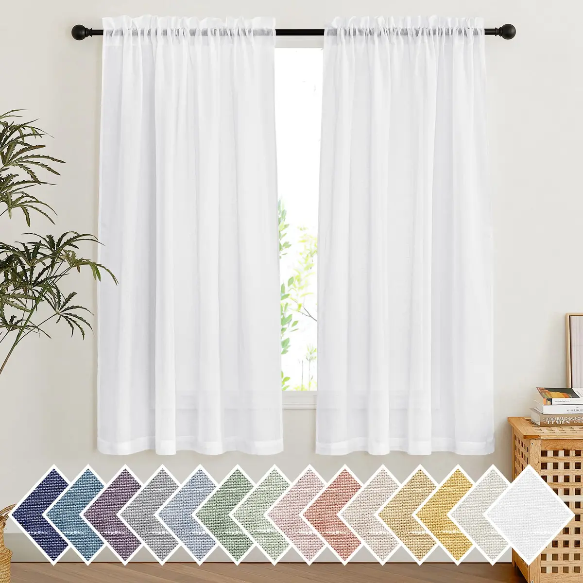NICETOWN White Linen Sheer Curtains 63 inch Length | Light Filtering Window Drapes for Living Room - main product image