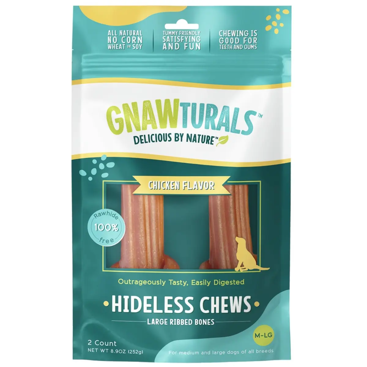 Gnawturals Rawhide Free Dog Chews | Ribbed Bones | for Large - Extra Large Dogs | Pumpkin, Psyllium Husk & Chicory Root (2 Bones, Chicken) - main product image