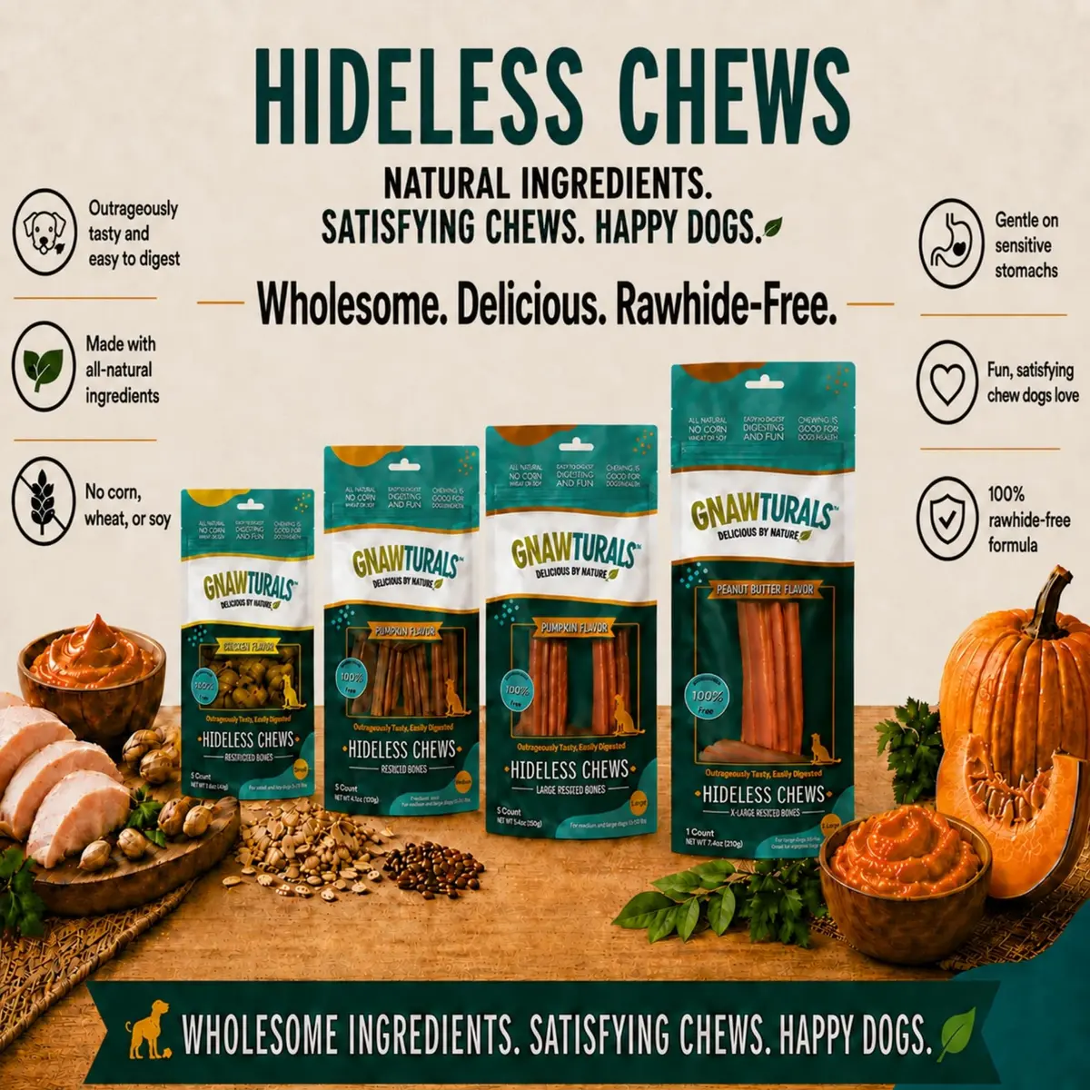 Gnawturals Rawhide Free Dog Chews | Ribbed Bones | for Large - Extra Large Dogs | Pumpkin, Psyllium Husk & Chicory Root (2 Bones, Chicken) - view 6