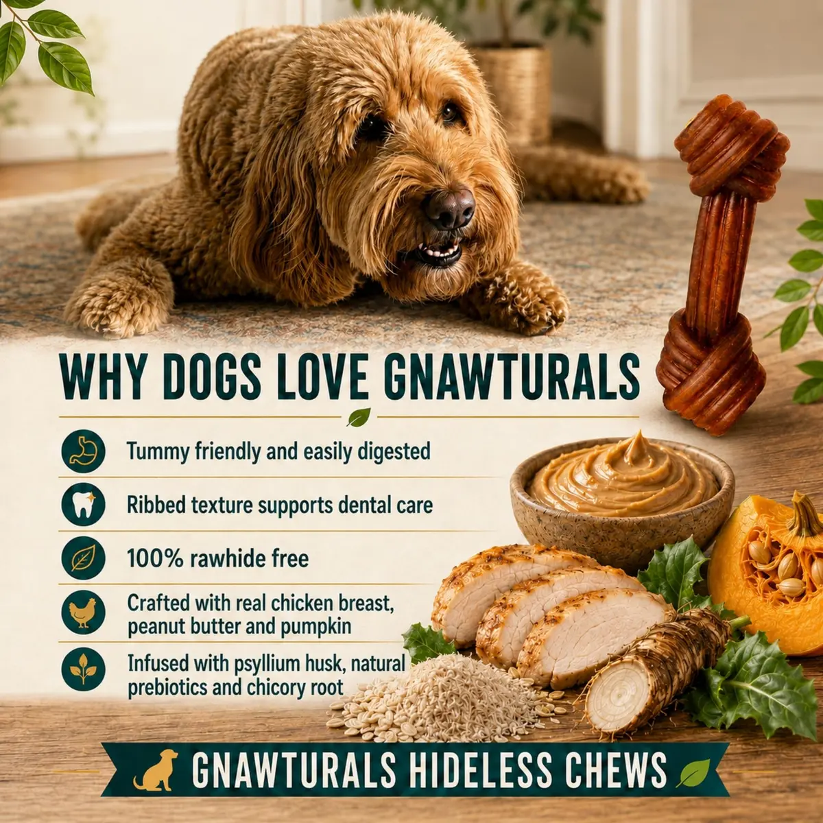 Gnawturals Rawhide Free Dog Chews | Ribbed Bones | for Large - Extra Large Dogs | Pumpkin, Psyllium Husk & Chicory Root (2 Bones, Chicken) - view 3