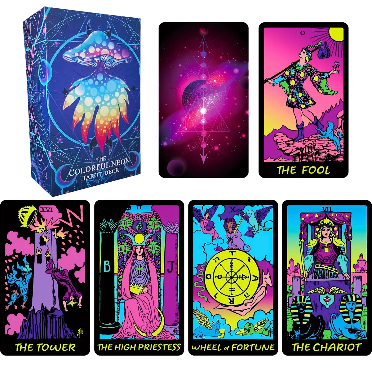 Jrskvaro Colorful Neon Tarot Cards Deck with Guidebook for Beginners | 78 Classic Cards & Meanings - main product image