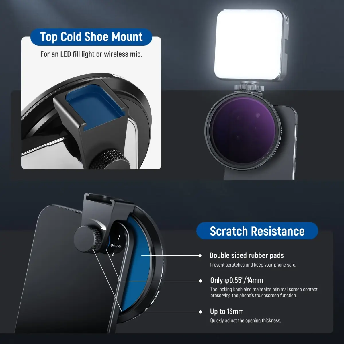 NEEWER 67mm Variable ND2-ND32 Phone Lens Filter Kit with Cold Shoe Clip | 1 to 5 Stops Light Reduction - view 5