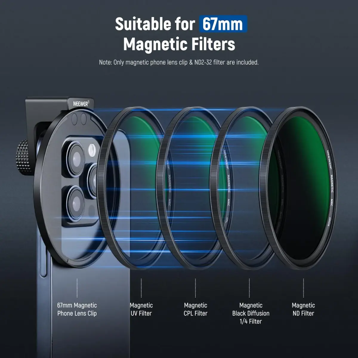NEEWER 67mm Variable ND2-ND32 Phone Lens Filter Kit with Cold Shoe Clip | 1 to 5 Stops Light Reduction - view 7