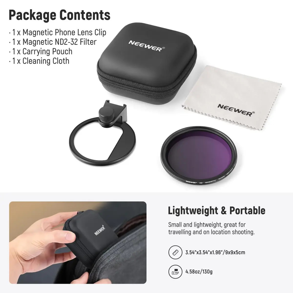 NEEWER 67mm Variable ND2-ND32 Phone Lens Filter Kit with Cold Shoe Clip | 1 to 5 Stops Light Reduction - view 9