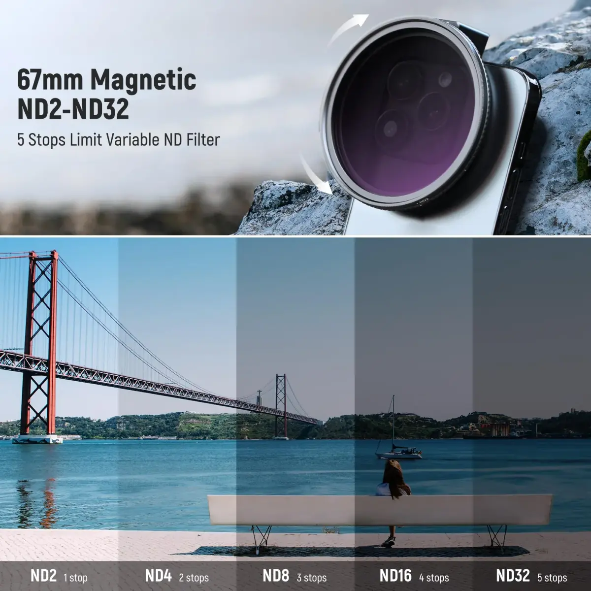 NEEWER 67mm Variable ND2-ND32 Phone Lens Filter Kit with Cold Shoe Clip | 1 to 5 Stops Light Reduction - view 3