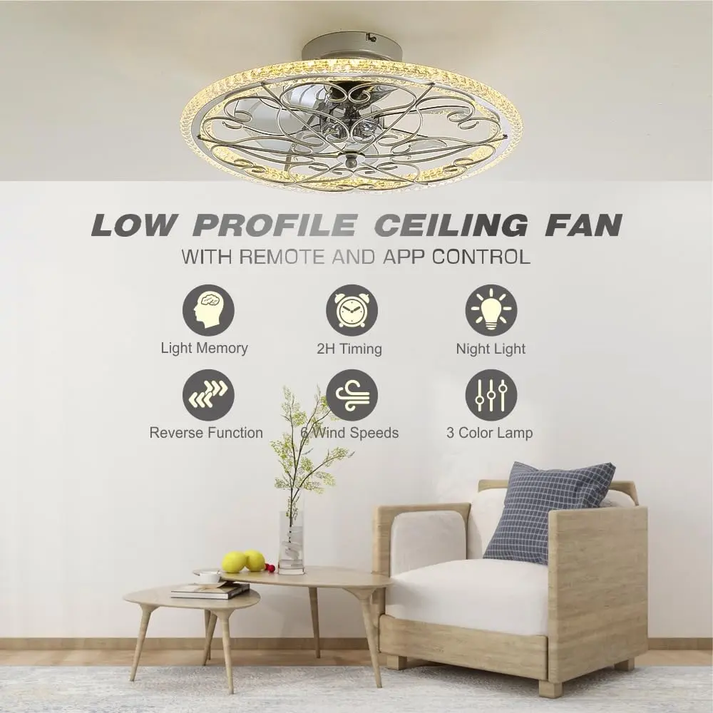 lifeholder Low Profile Ceiling Fan with Lights Remote 20" Silver | Dimmable & Quiet Ceiling Fan - view 2