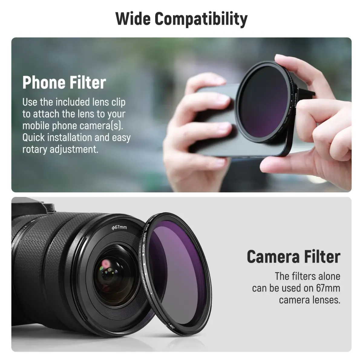 NEEWER 67mm Variable ND Filter Kit with Cold Shoe Phone Clip, ND2-32 (1-5 Stops) for iPhone 17-13 Pro Max Android Samsung Galaxy S24-S22 Ultra, 67mm Threaded Adapter Ring - view 6
