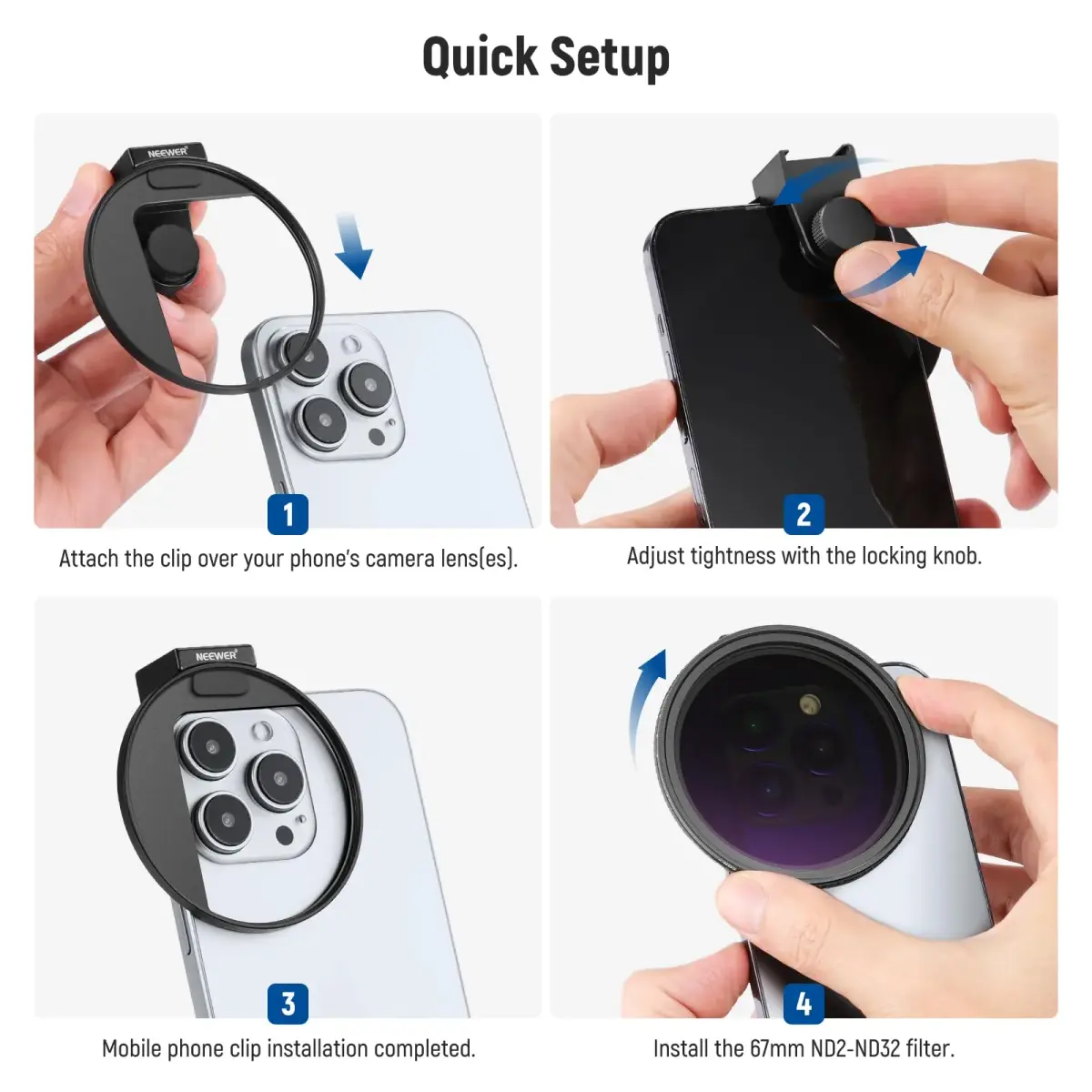 NEEWER 67mm Variable ND Filter Kit with Cold Shoe Phone Clip, ND2-32 (1-5 Stops) for iPhone 17-13 Pro Max Android Samsung Galaxy S24-S22 Ultra, 67mm Threaded Adapter Ring - view 7