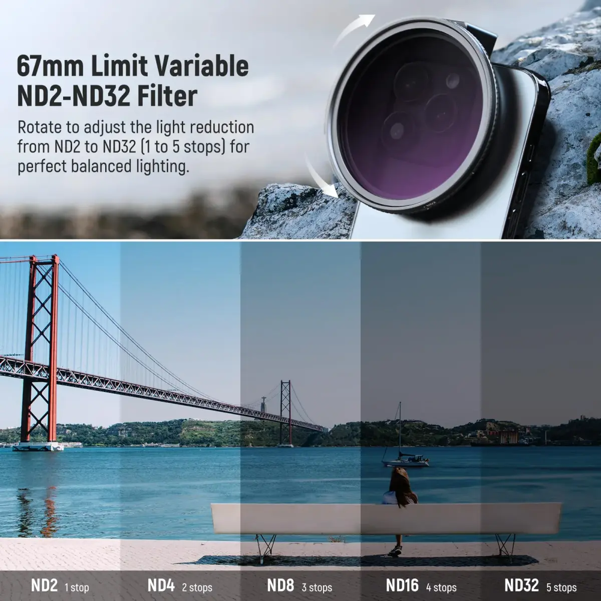NEEWER 67mm Variable ND Filter Kit with Cold Shoe Phone Clip, ND2-32 (1-5 Stops) for iPhone 17-13 Pro Max Android Samsung Galaxy S24-S22 Ultra, 67mm Threaded Adapter Ring - view 2