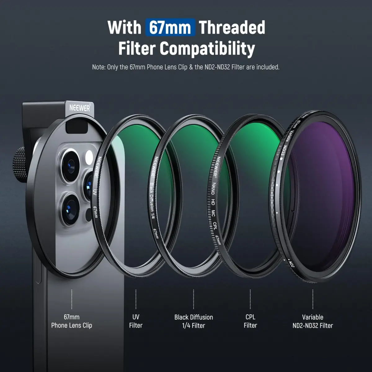 NEEWER 67mm Variable ND Filter Kit with Cold Shoe Phone Clip, ND2-32 (1-5 Stops) for iPhone 17-13 Pro Max Android Samsung Galaxy S24-S22 Ultra, 67mm Threaded Adapter Ring - view 4