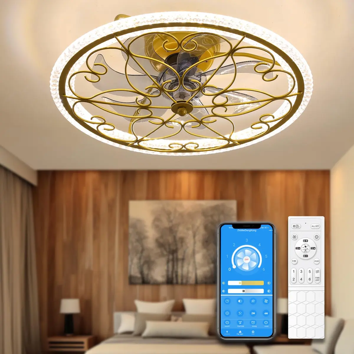 lifeholder Low Profile Ceiling Fan with Lights Remote 20" | Dimmable Vintage Gold Ceiling Fan - main product image