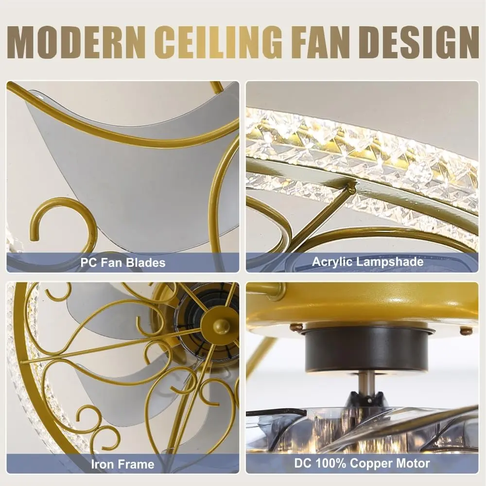 lifeholder Low Profile Ceiling Fan with Lights Remote 20" | Dimmable Vintage Gold Ceiling Fan - view 5