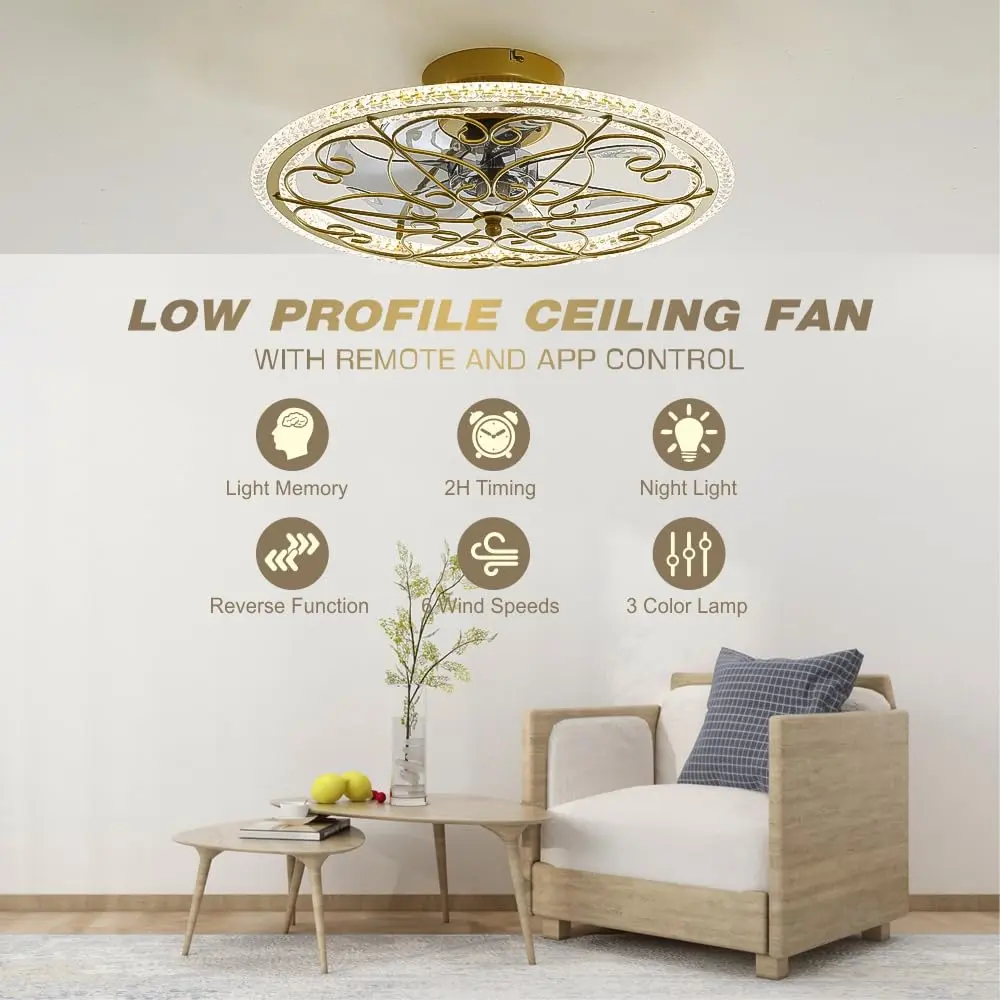 lifeholder Low Profile Ceiling Fan with Lights Remote 20" | Dimmable Vintage Gold Ceiling Fan - view 2