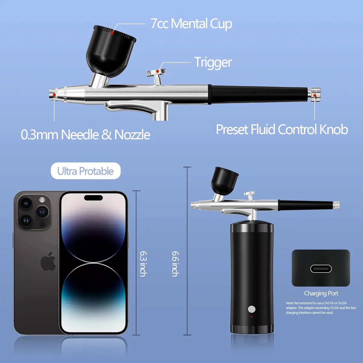 crpen Airbrush Kit with Compressor 48PSI | Rechargeable Cordless 0.3mm Nozzle for Art, Nails, Cake, Makeup (Black) | US Import - view 2
