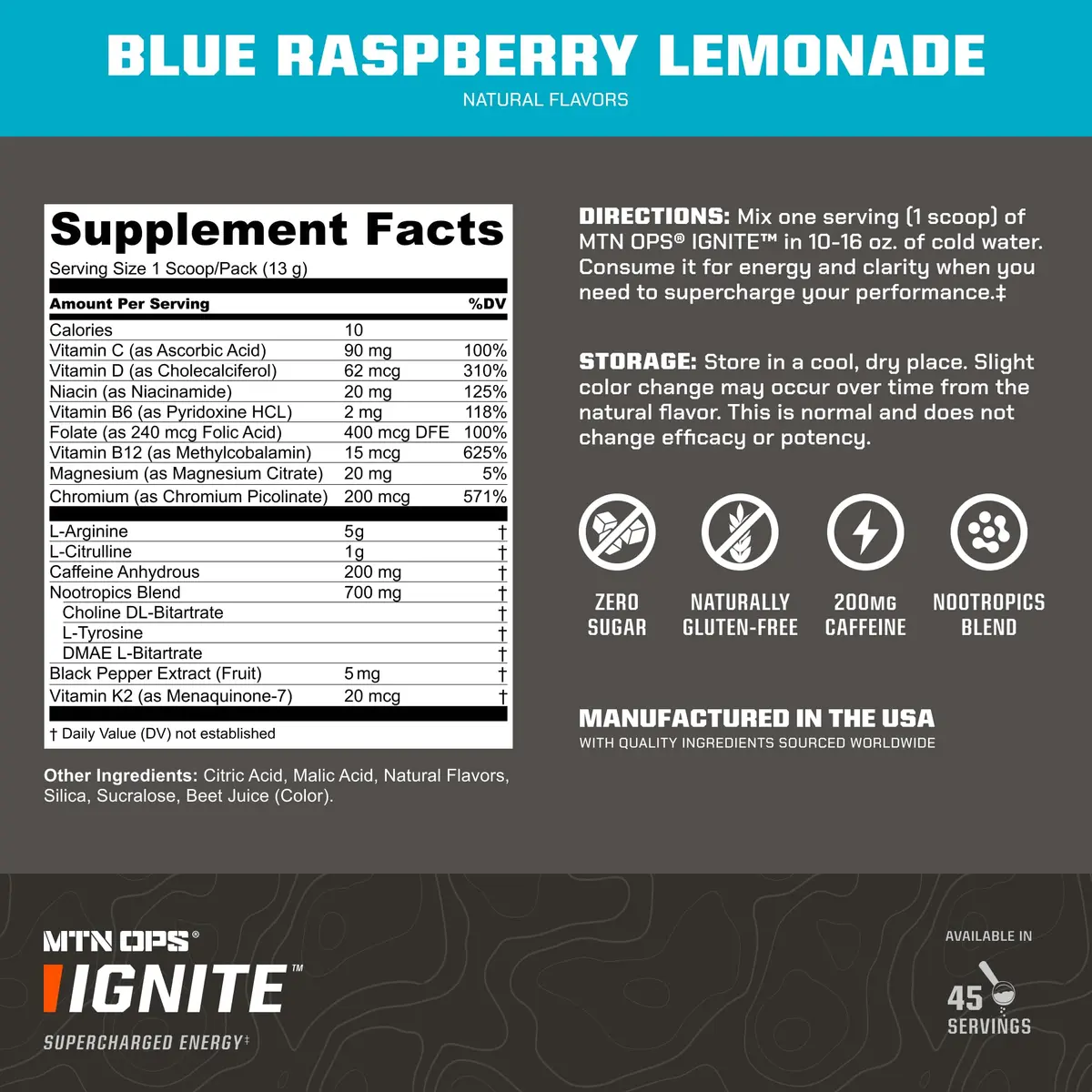 MTN OPS Ignite Energy Powder, Zero Sugar, Blue Raspberry Lemonade | Gluten-Free, 45 Servings, USA Import - view 2