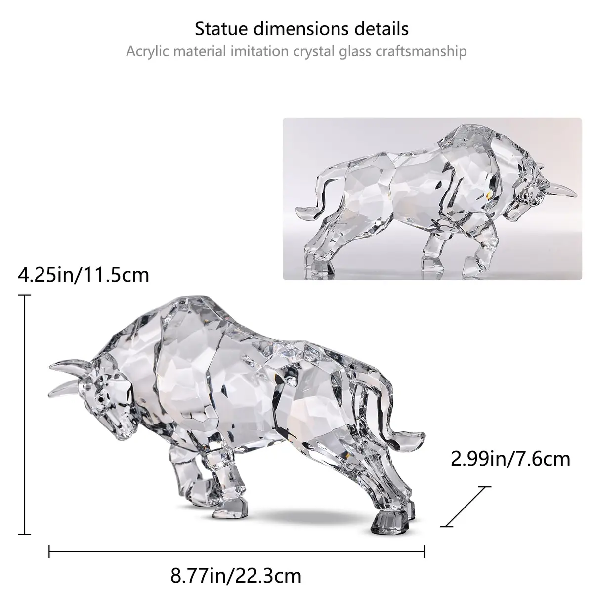 VylbCove White Figurine 8.77in Acrylic Wall Street Bull Sculpture | Prosperity & Strength Decor - view 2