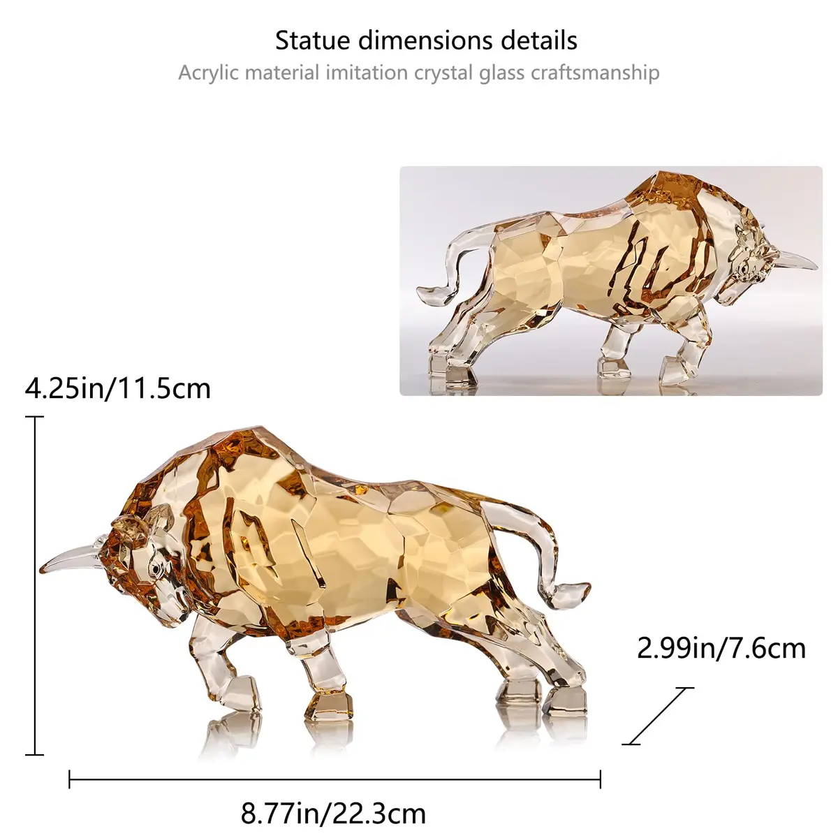 VylbCove Gold Figurine Wall Street Bull Statue 8.77 x 2.99 x 4.25 in | Acrylic Stock Market Charging Bull - view 2