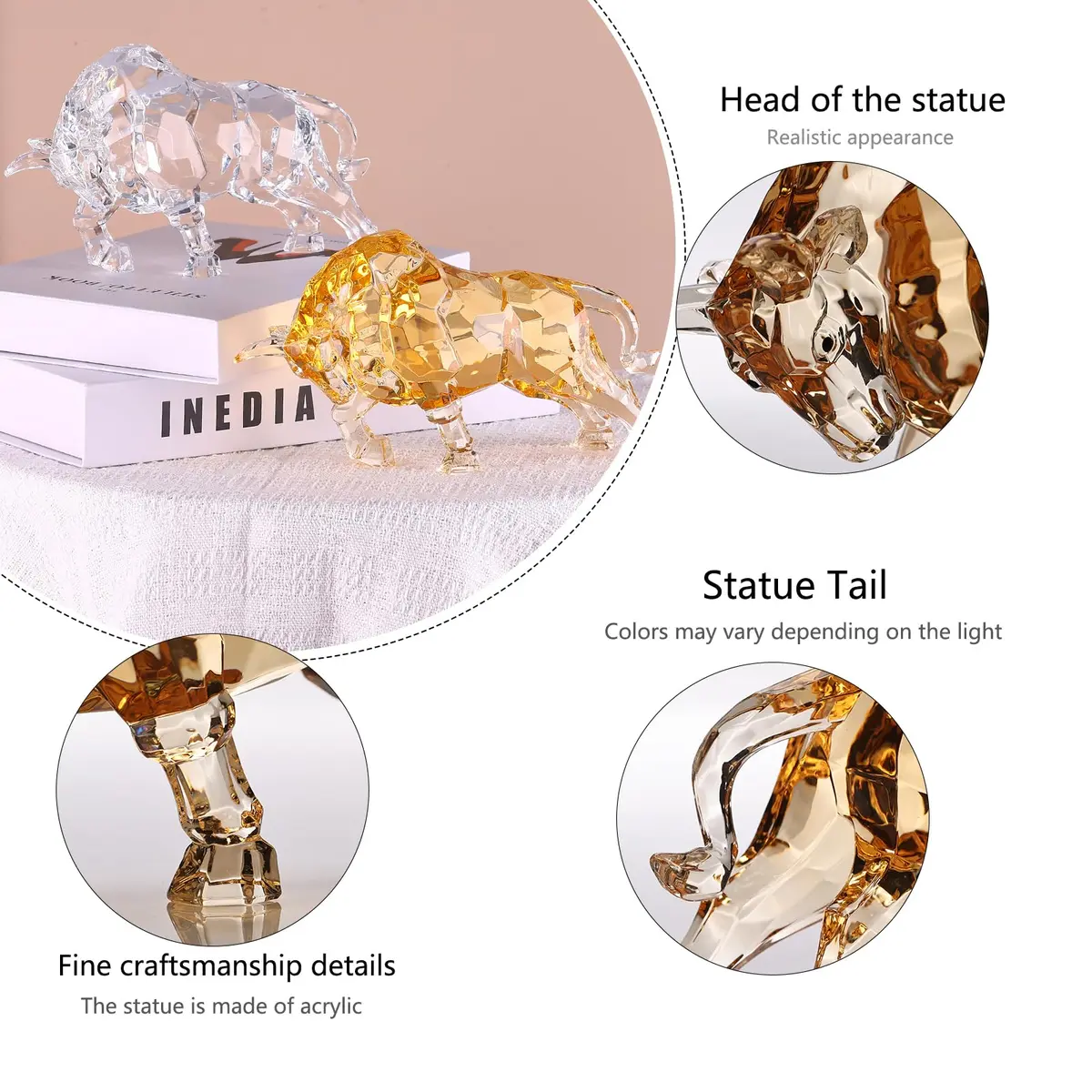 VylbCove Gold Figurine Wall Street Bull Statue 8.77 x 2.99 x 4.25 in | Acrylic Stock Market Charging Bull - view 3