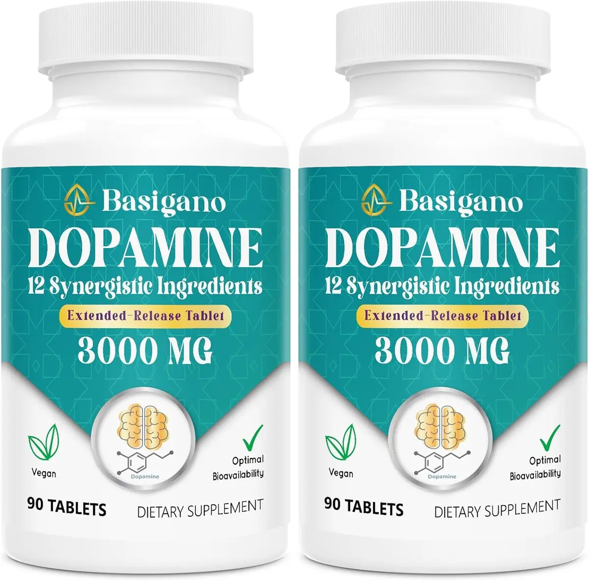 Basigano Dopamine Supplement for Women & Men | Natural Brain Support, Vegan, 90 Count (Pack of 2) - main product image