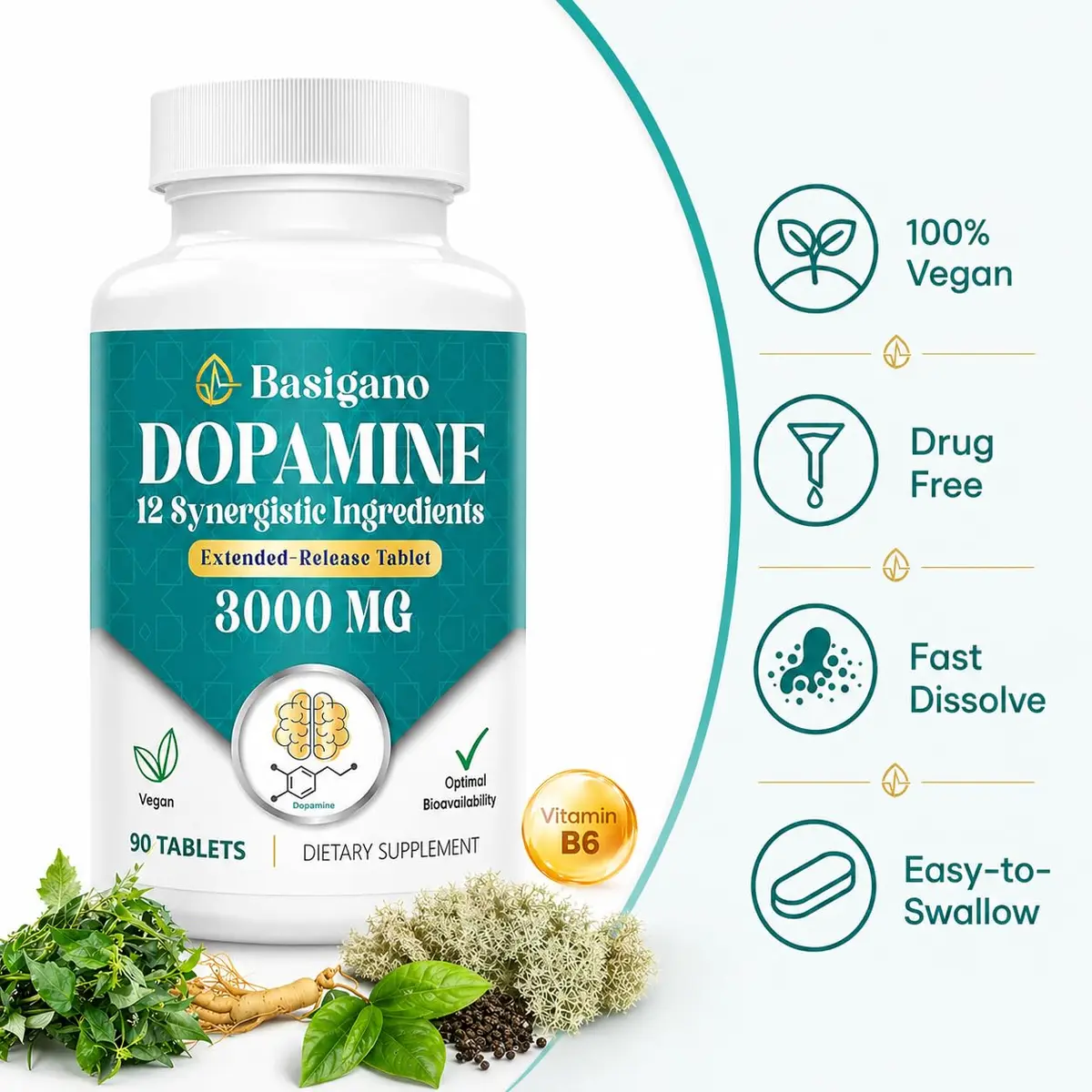 Basigano Dopamine Supplement for Women & Men | Natural Brain Support, Vegan, 90 Count (Pack of 2) - view 5