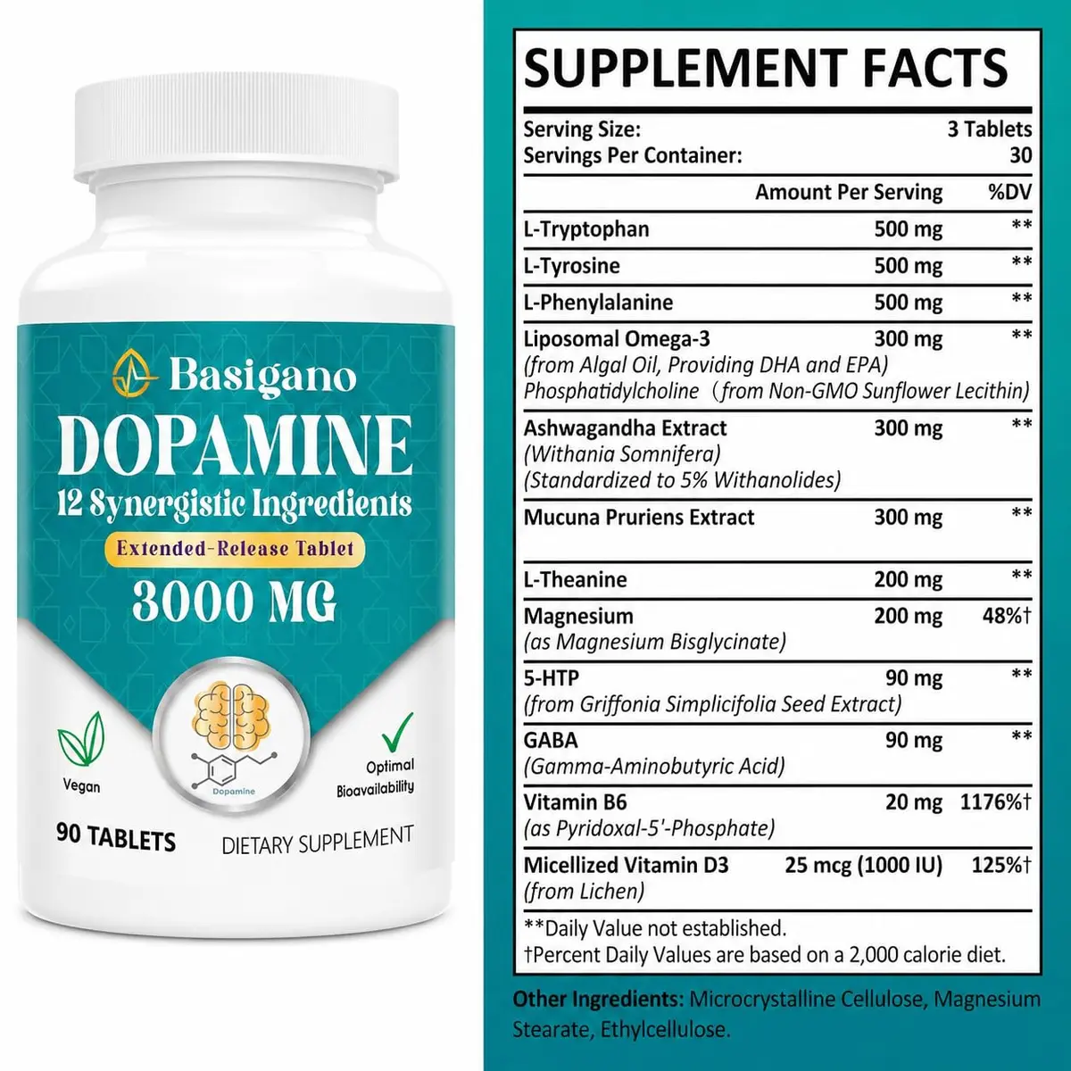 Basigano Dopamine Supplement for Women & Men | Natural Brain Support, Vegan, 90 Count (Pack of 2) - view 2