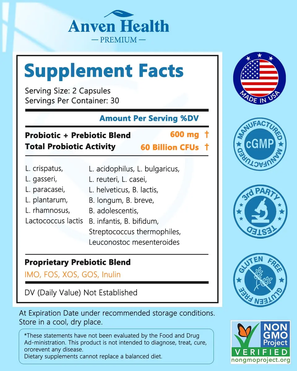 Anven Health Probiotics for Women Men Prebiotics 60 Capsules | Digestive & Gut Support in USA - view 9