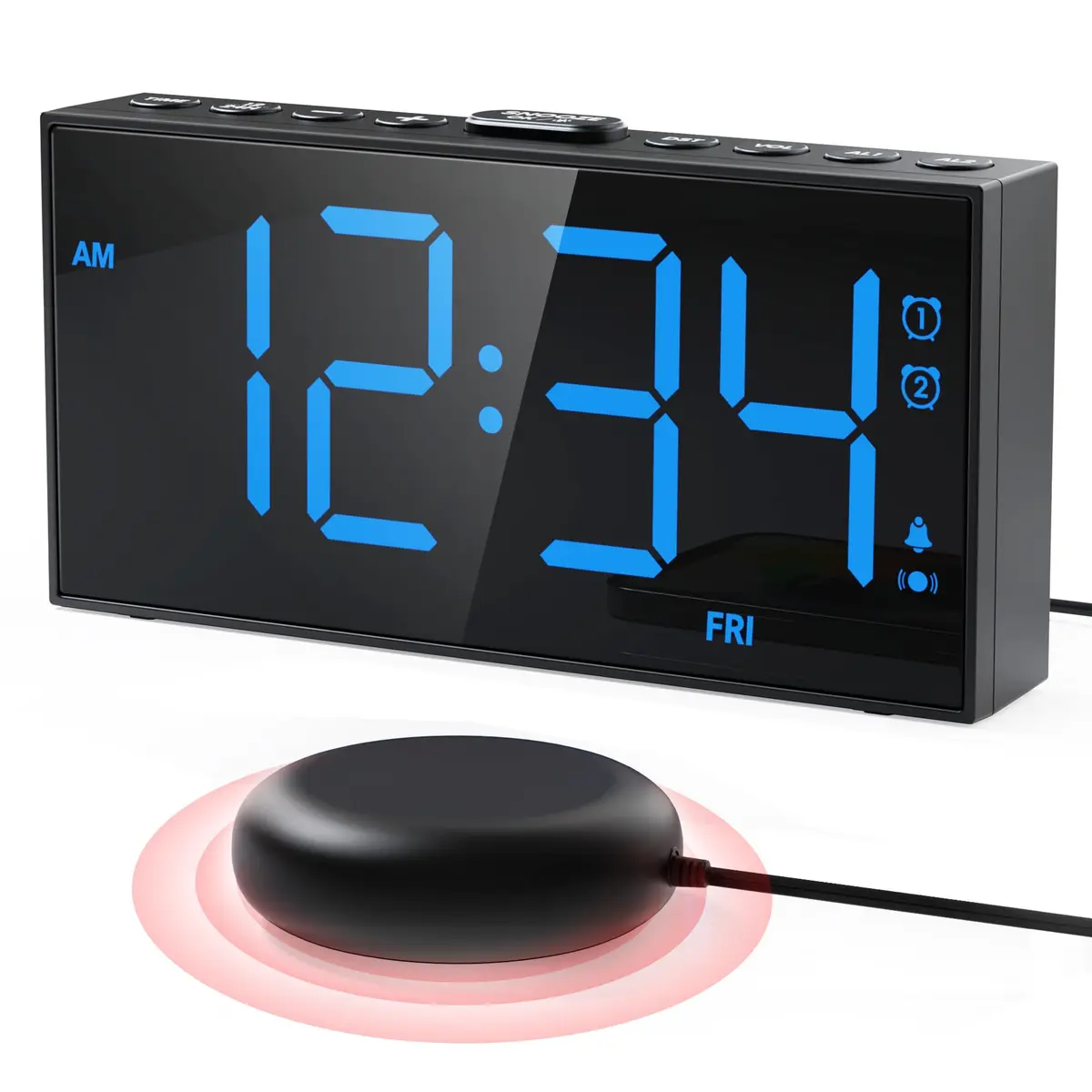 PPLEE Vibrating Alarm Clock with Bed Shaker & USB Charger, 18.7cm (7.5-Inch) Display, Blue - main product image