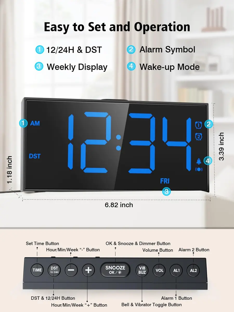 PPLEE Vibrating Alarm Clock with Bed Shaker & USB Charger, 18.7cm (7.5-Inch) Display, Blue - view 5