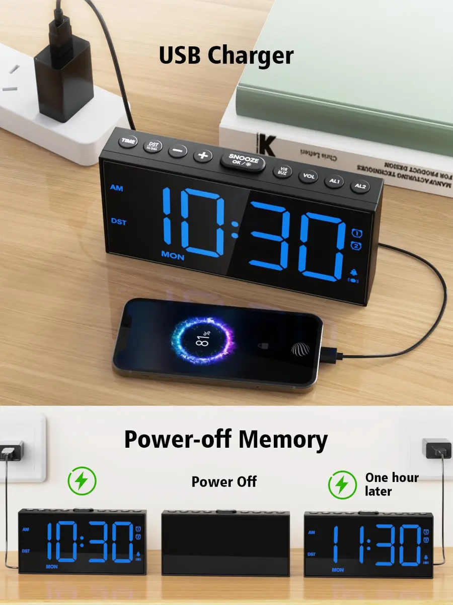 PPLEE Vibrating Alarm Clock with Bed Shaker & USB Charger, 18.7cm (7.5-Inch) Display, Blue - view 6