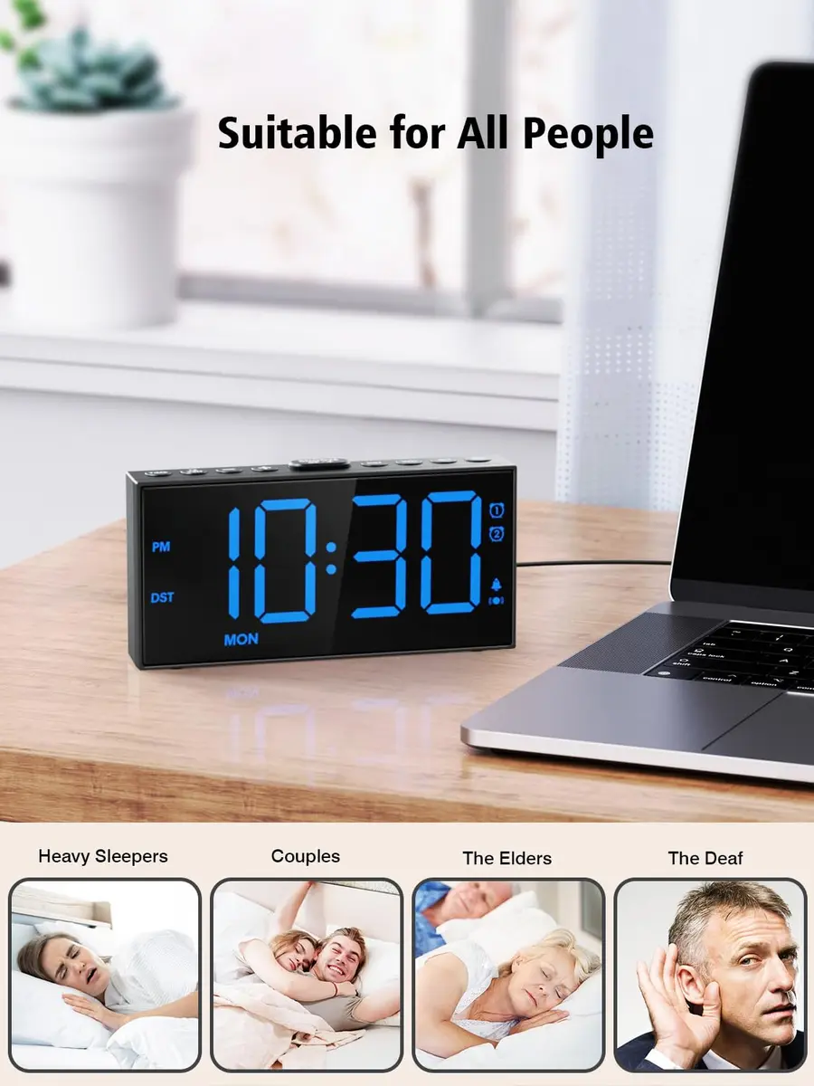 PPLEE Vibrating Alarm Clock with Bed Shaker & USB Charger, 18.7cm (7.5-Inch) Display, Blue - view 7