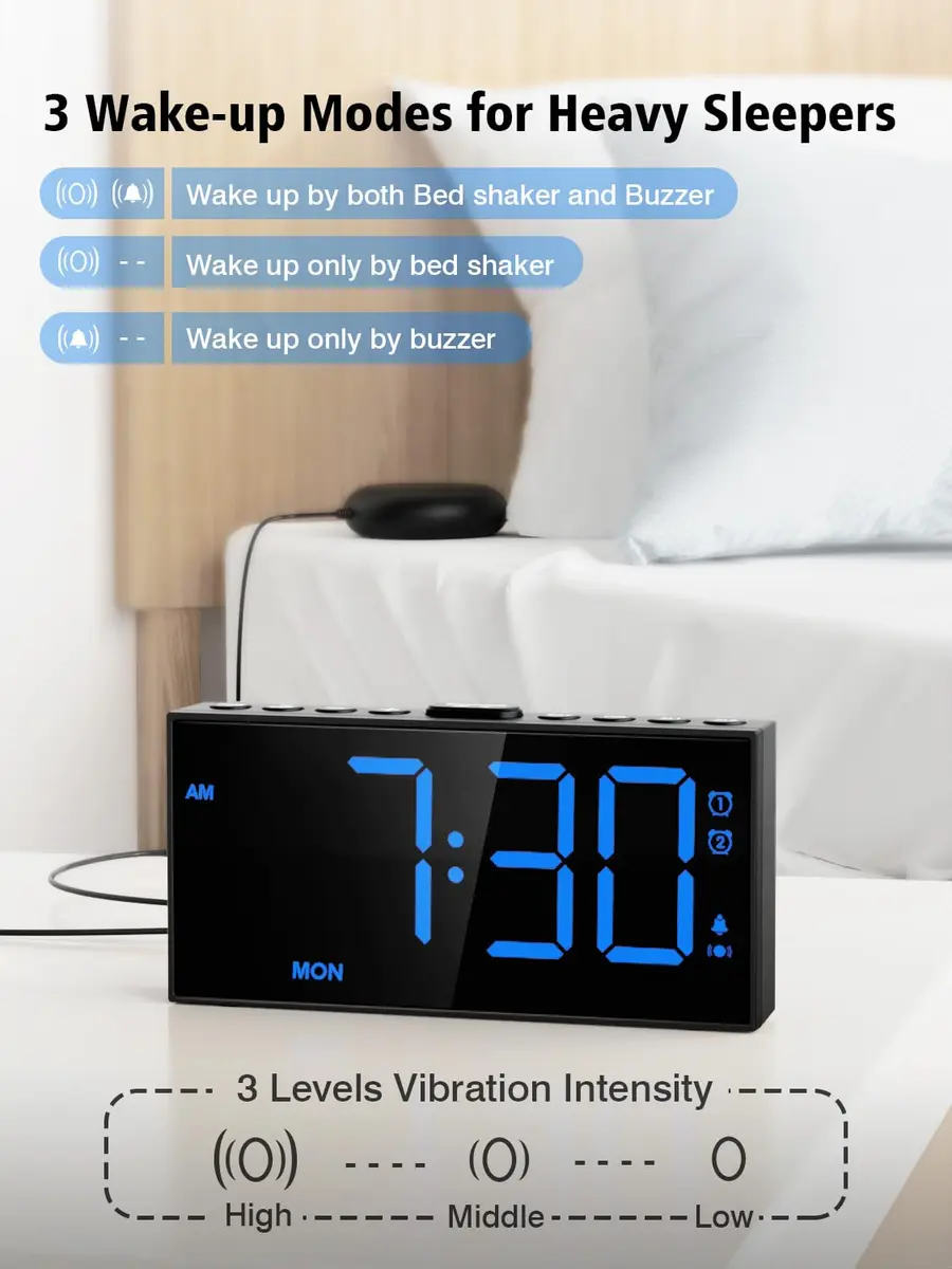 PPLEE Vibrating Alarm Clock with Bed Shaker & USB Charger, 18.7cm (7.5-Inch) Display, Blue - view 2