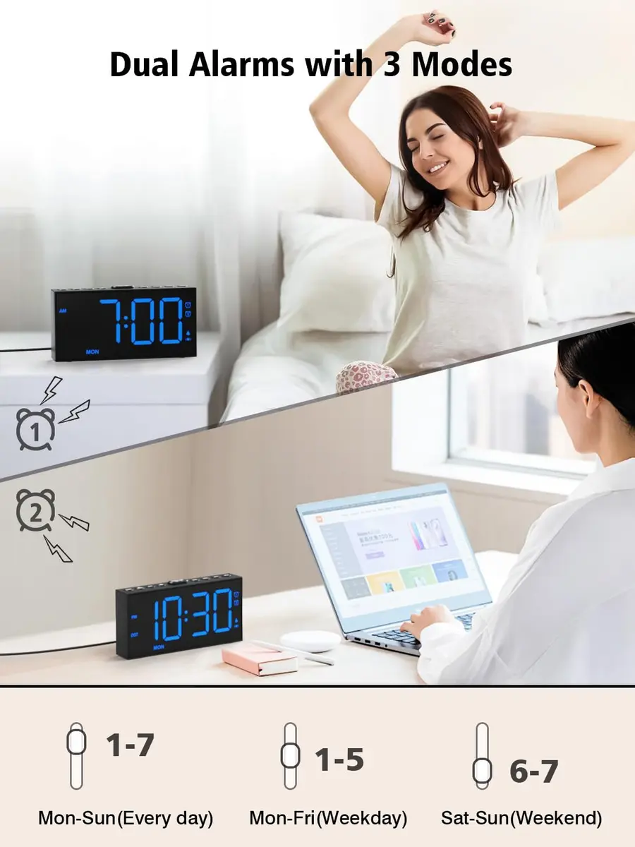 PPLEE Vibrating Alarm Clock with Bed Shaker & USB Charger, 18.7cm (7.5-Inch) Display, Blue - view 3