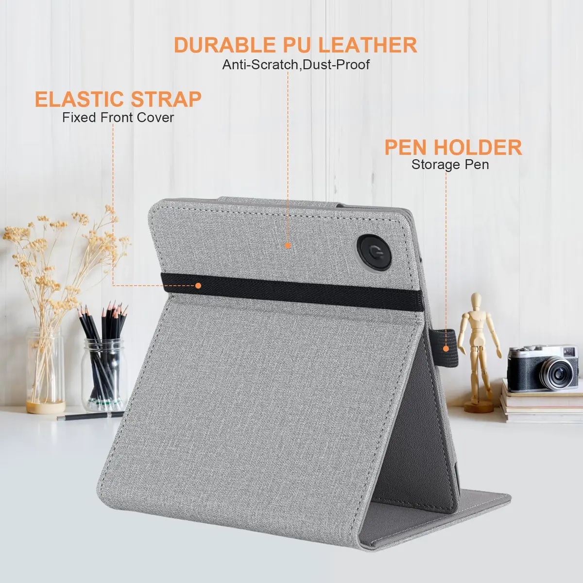 Vakarey Grey PU Leather Case for Kobo Libra Colour & Libra 2 (7-Inch) with Pen Holder & Hand Strap | Auto Sleep Wake - view 3