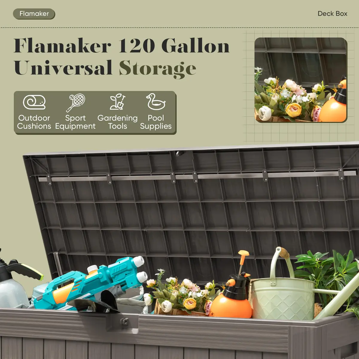 Flamaker 120 Gallon Waterproof Deck Box Large Outdoor Storage Waterproof Resin - view 5