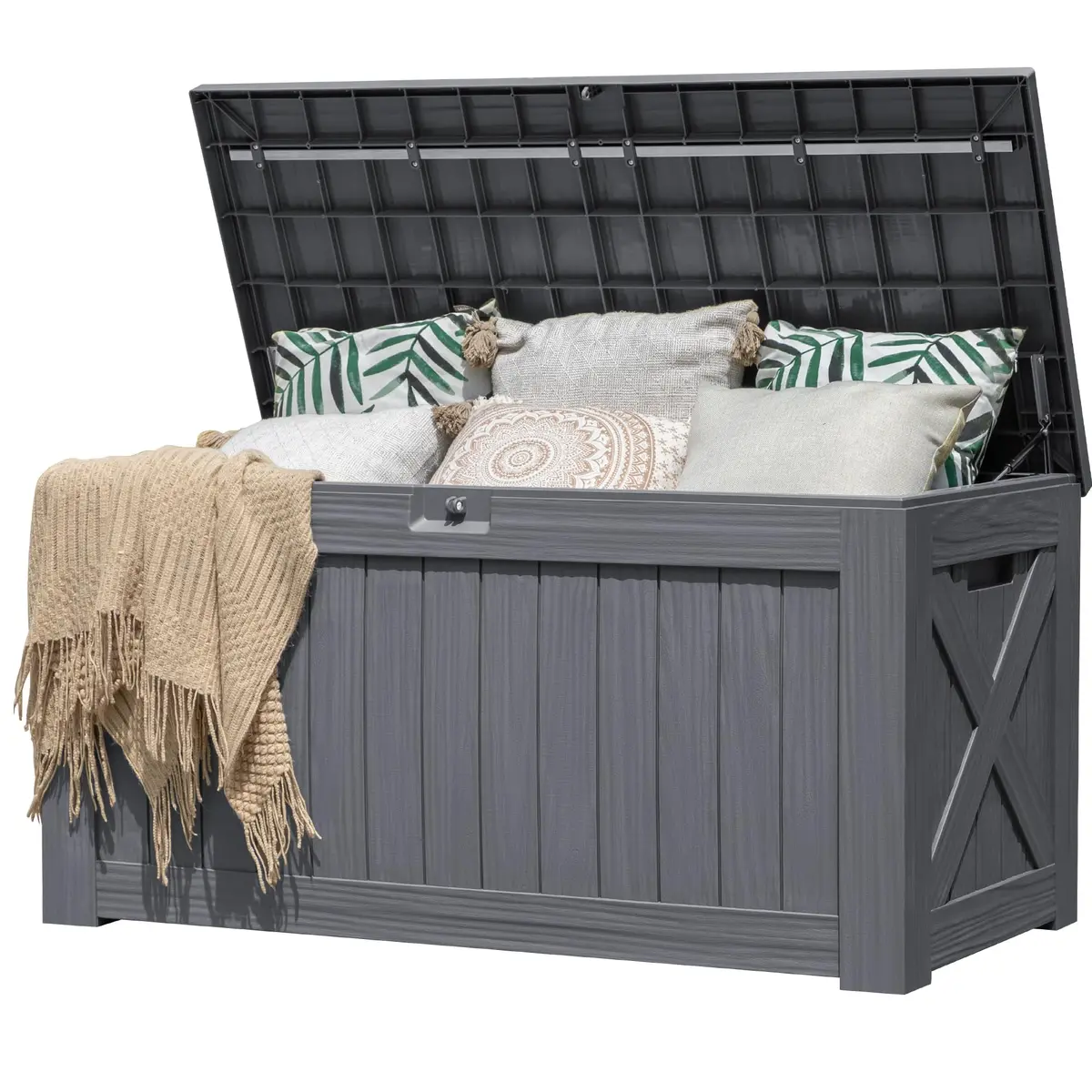 Flamaker 120 Gallon Waterproof Deck Box Large Outdoor Storage with Lockable Lid, Resin Material, 53"L x 25"W x 25"H - main product image