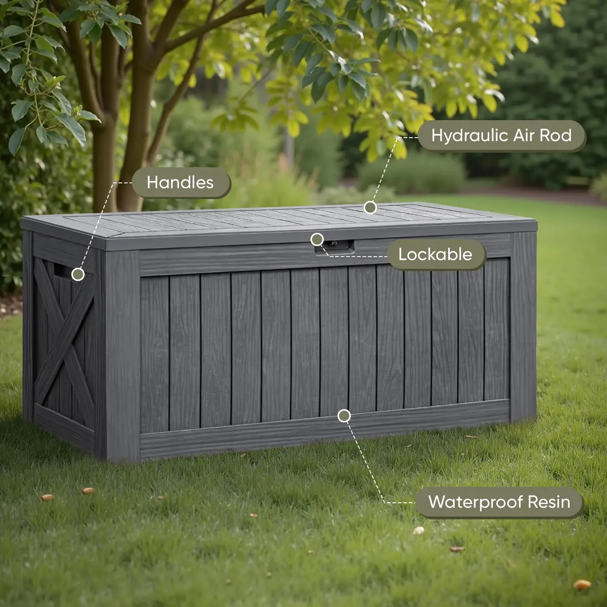Flamaker 120 Gallon Waterproof Deck Box Large Outdoor Storage with Lockable Lid, Resin Material, 53"L x 25"W x 25"H - view 5