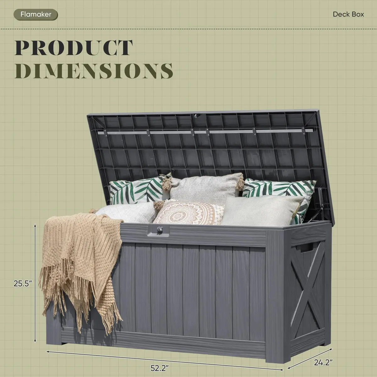 Flamaker 120 Gallon Waterproof Deck Box Large Outdoor Storage with Lockable Lid, Resin Material, 53"L x 25"W x 25"H - view 2