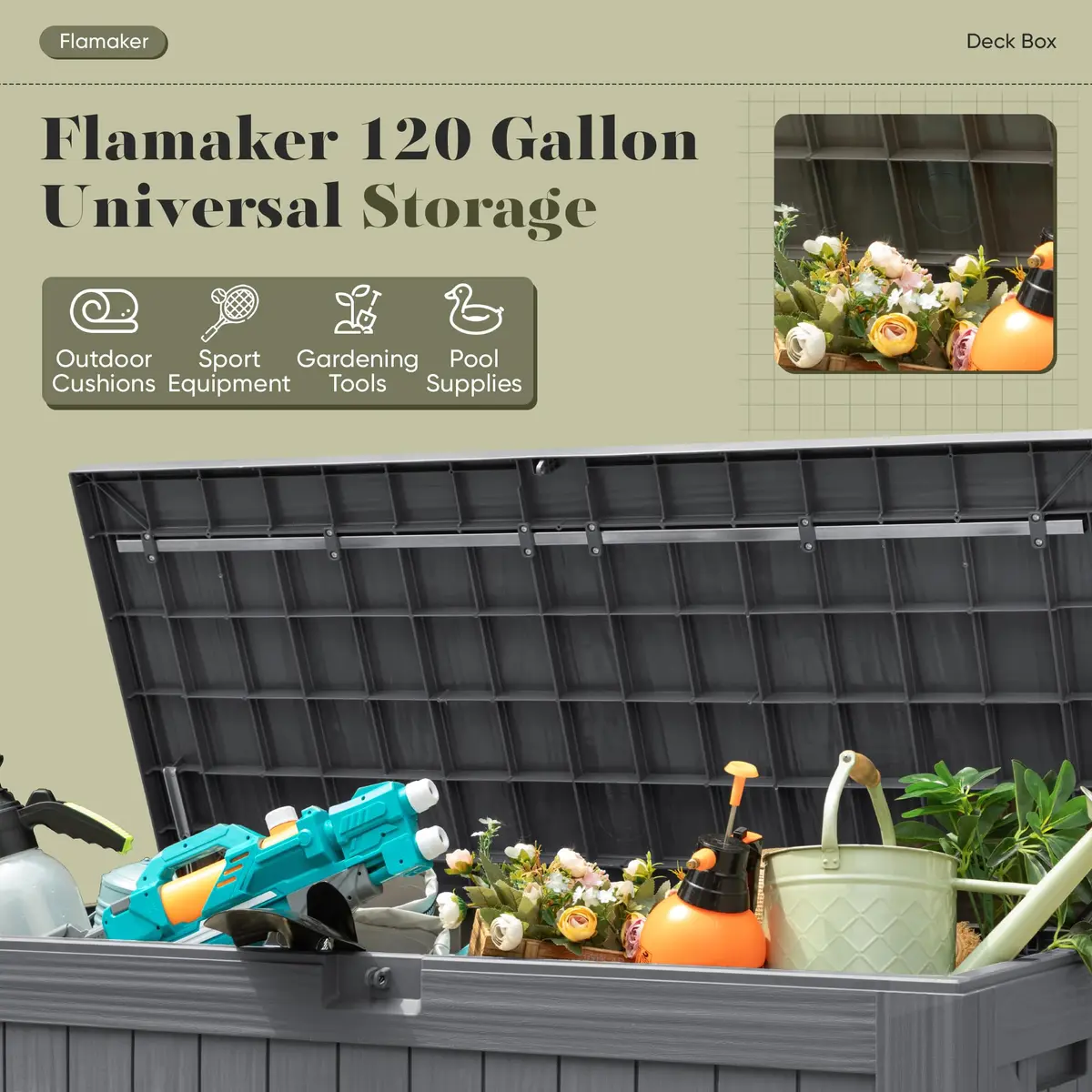 Flamaker 120 Gallon Waterproof Deck Box Large Outdoor Storage with Lockable Lid, Resin Material, 53"L x 25"W x 25"H - view 4