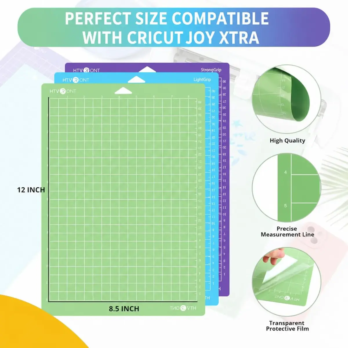 HTVRONT Cutting Mats for Cricut Joy Xtra, 3 Pack (8.5x12in / 21.6x30.5cm) | Standard, Light, Strong Grip Adhesives - view 2