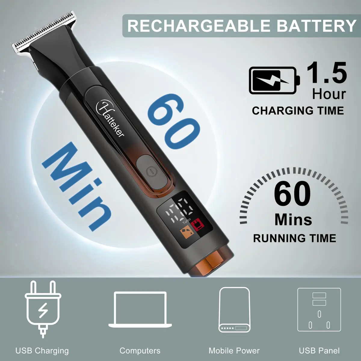Hatteker Electric Back Shaver 4-in-1 Kit | Waterproof Cordless Body Groomer with LED Display (180-225mm, Black) - view 6