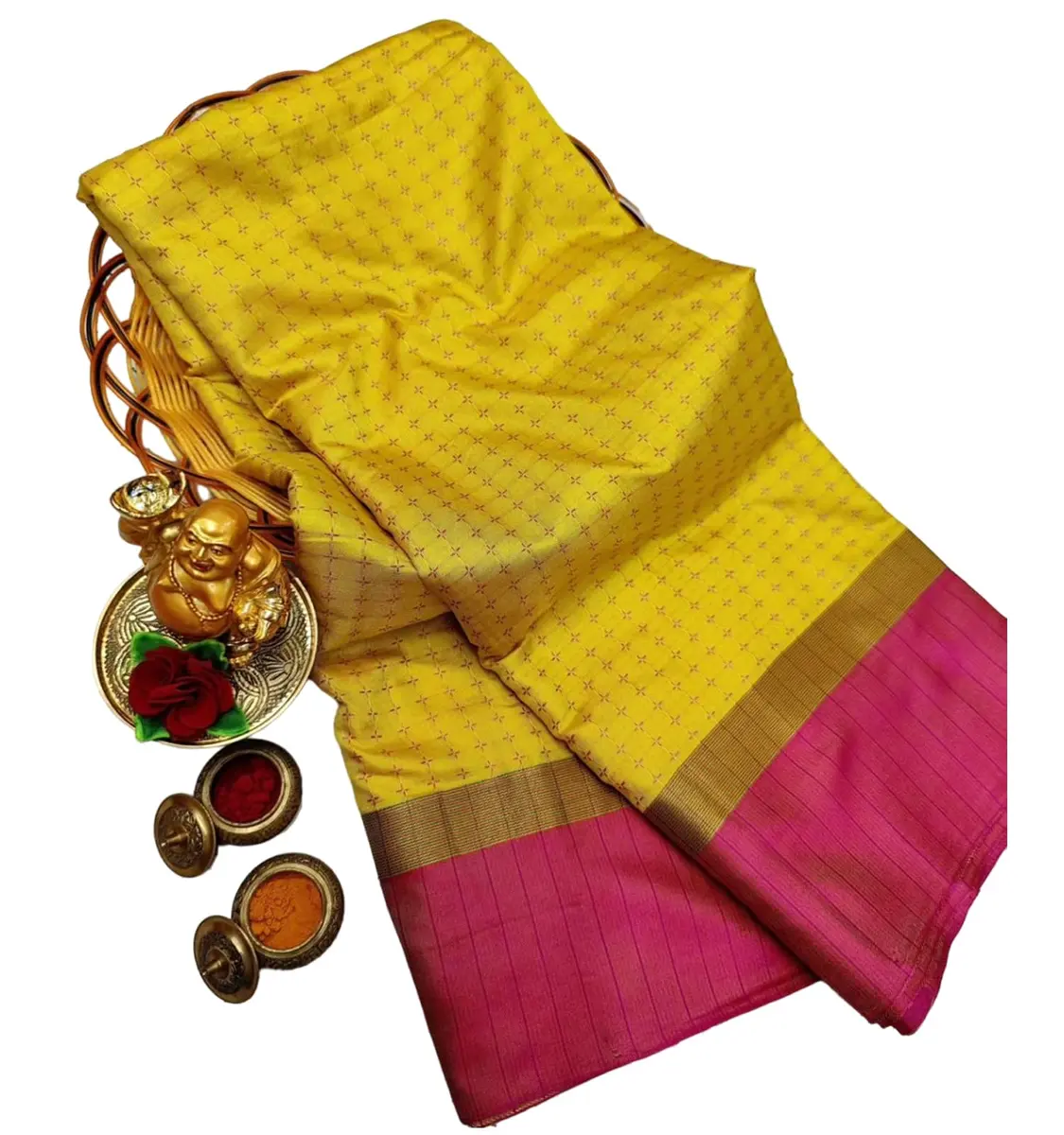 VJ Fashion Women's Soft Silk Saree with Zari Woven Blouse Piece | Gold Checks 5.5 Meter Length - main product image